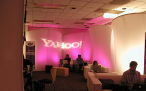 A gobo is used to project YAHOO on Originators Design Curved Portable Stretch Fabric Walls