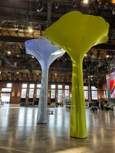 The natural light reflects the felling and details on the Originators Design floraTrees. spandex tension fabric structures fabric sculpture soft sculpture immersive installation The design was built by hand and captures the organic nature the client desired.