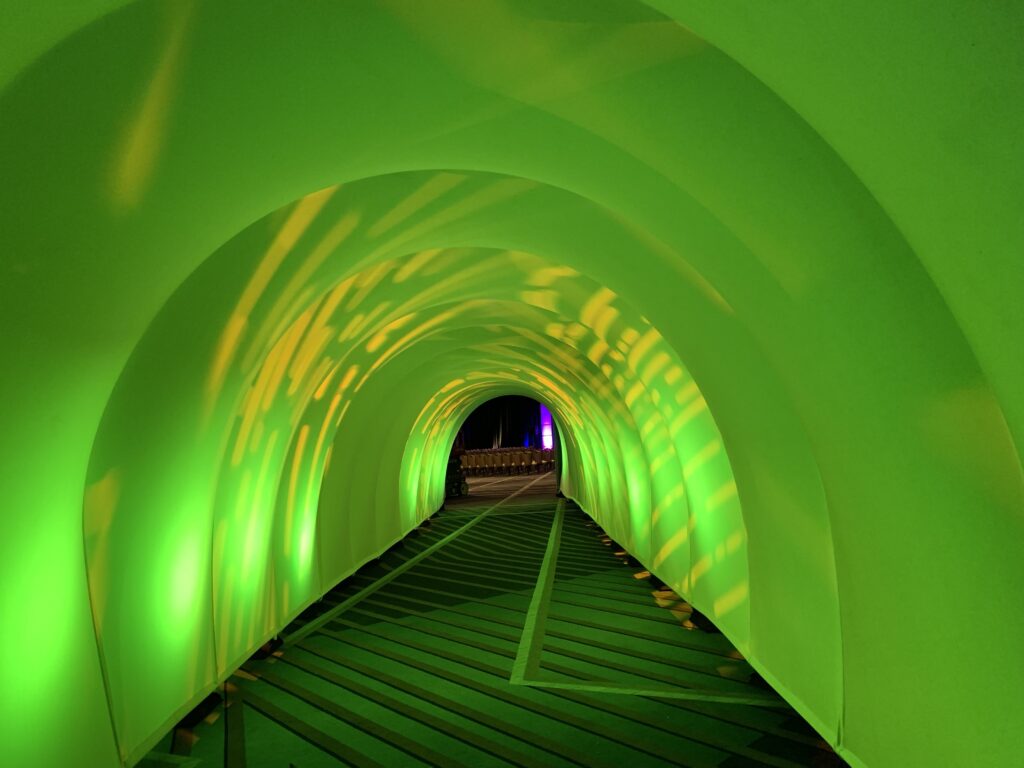 Light and projection add to this 60' ever changing fabric tunnel.