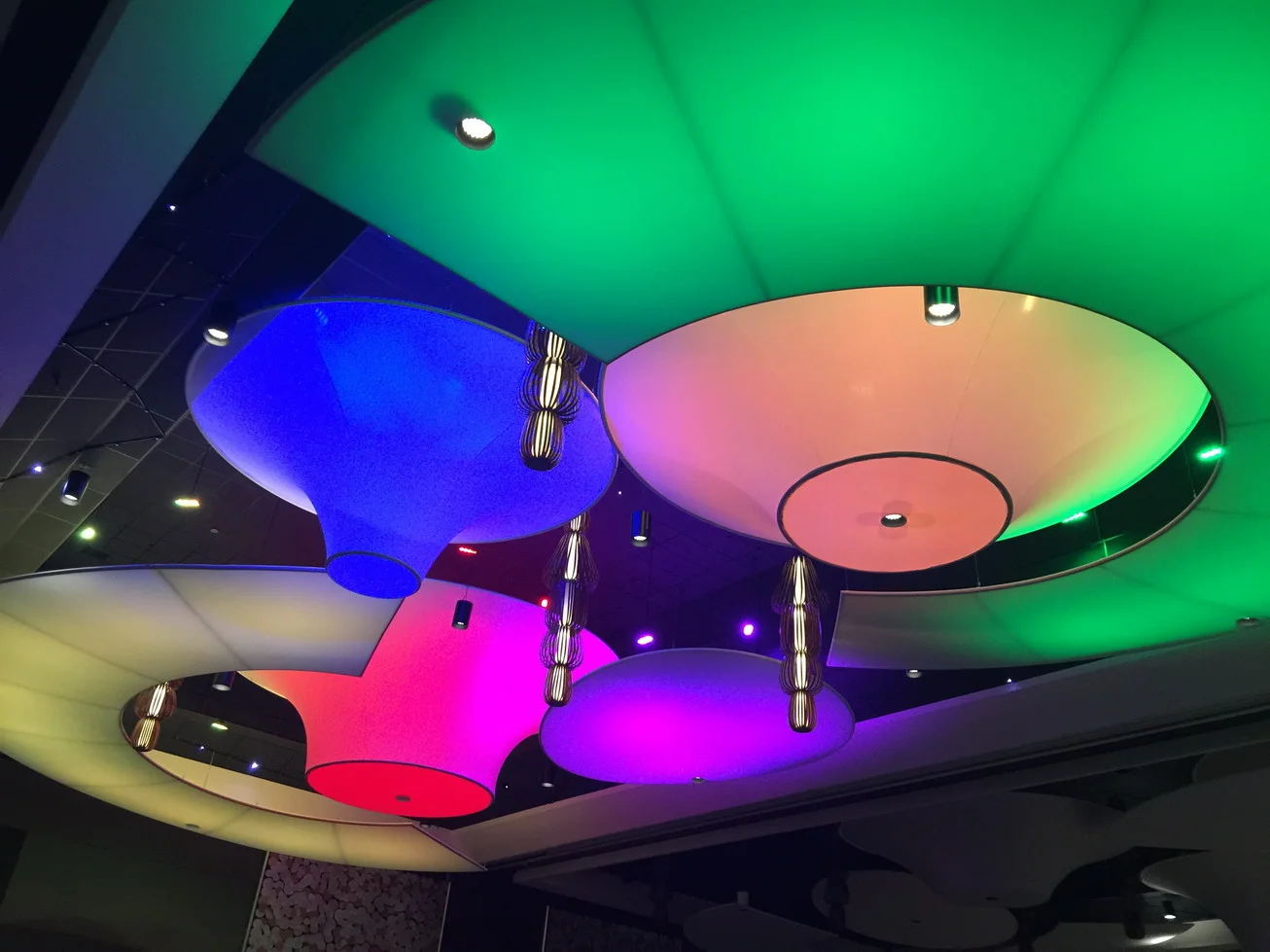 Three Dimensional Architectural Ceiling Decor with dramatic lighting